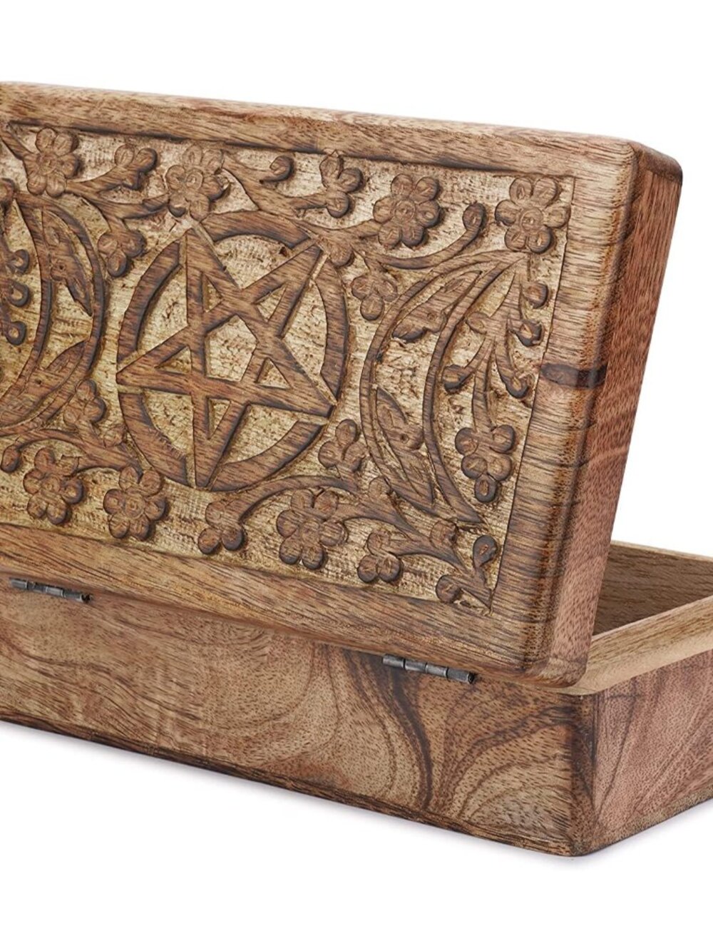 Wooden Hand Carved Decorative Jewelry Box Moon Star Carvings Vintage Keepsake St - Picture 4 of 4